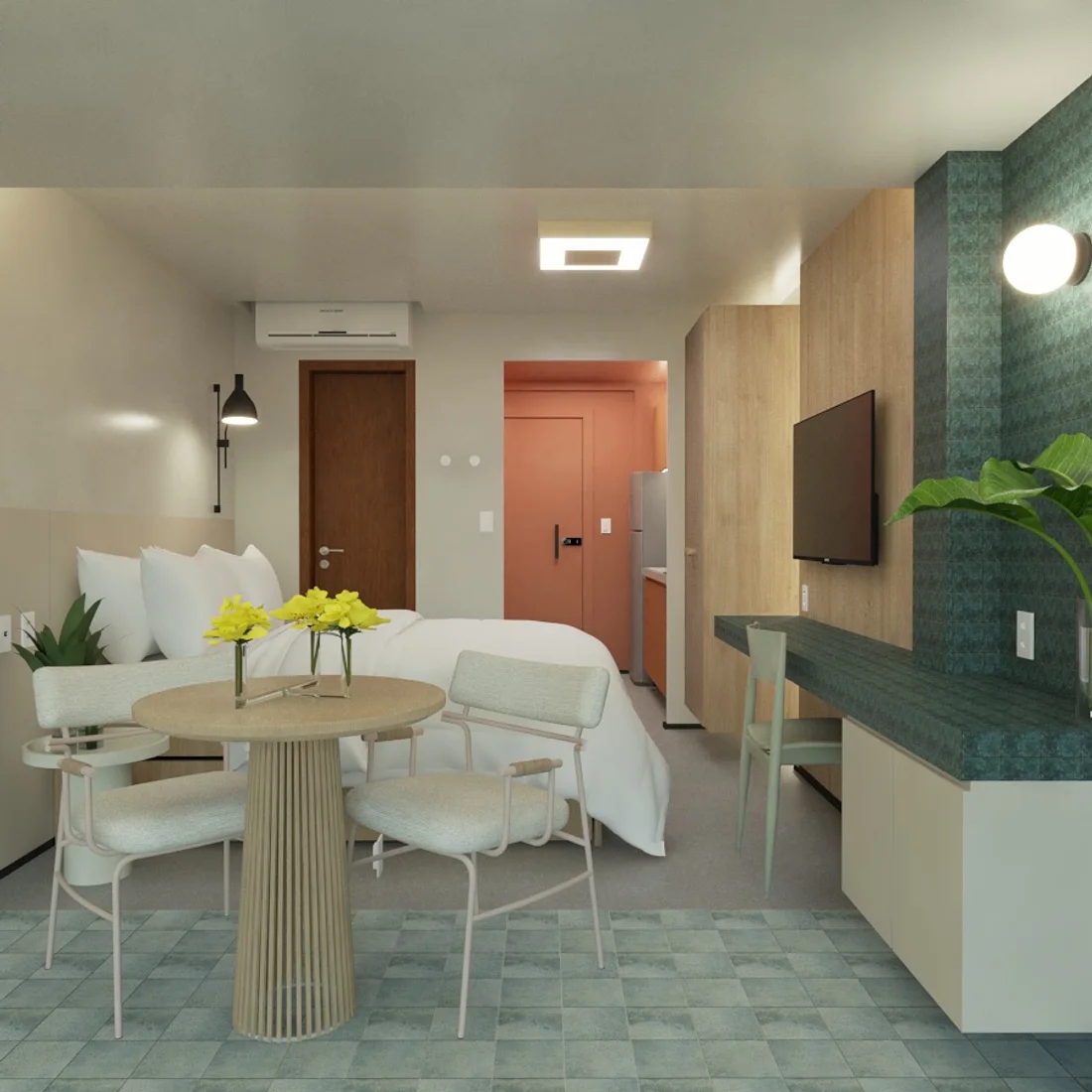 Ambiente com paleta de verde e tons terrosos e marcenaria